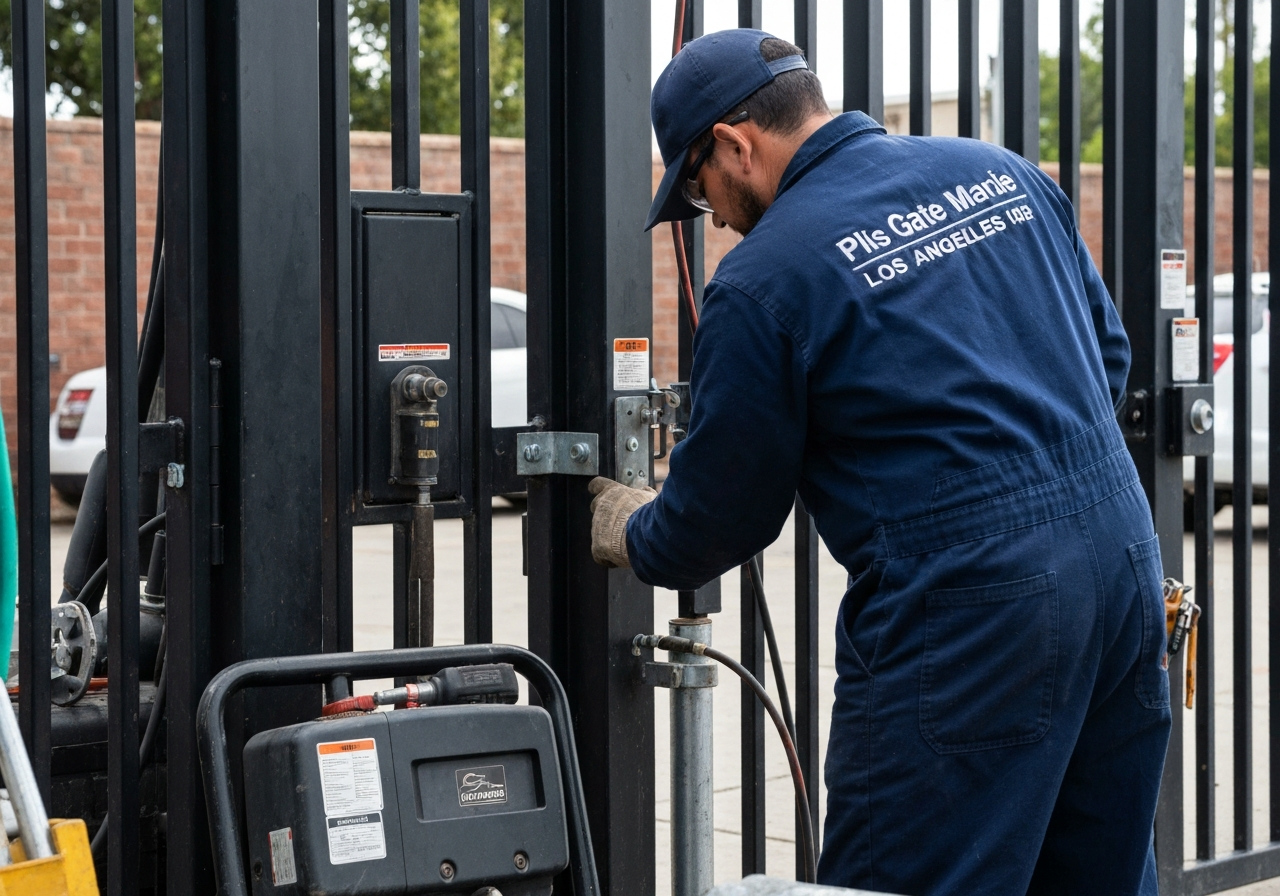 Gate repair technician fixing a metal gate in Koreatown, CA