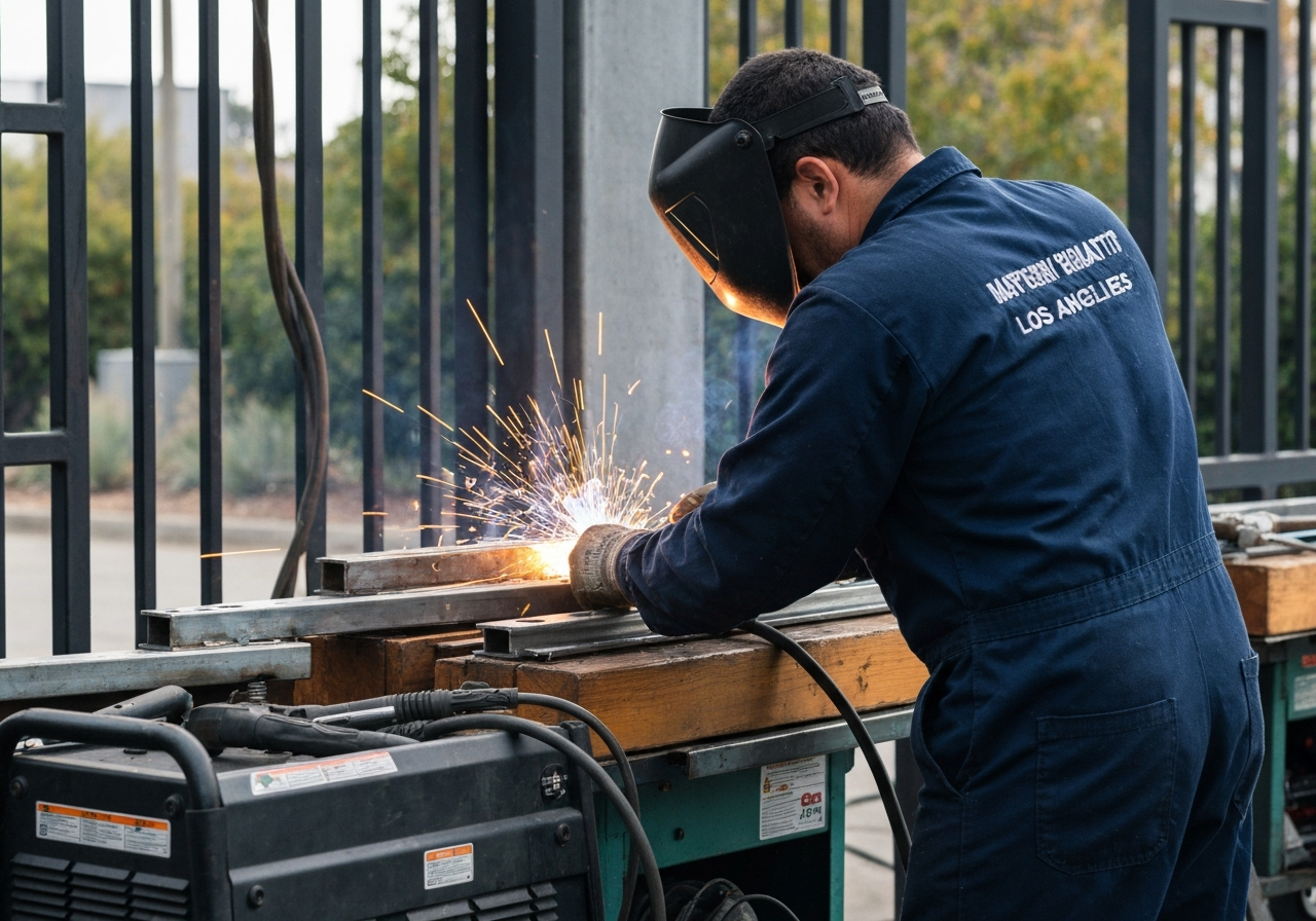 Welder performing gate parts and welding service with sparks in Los Angeles, CA